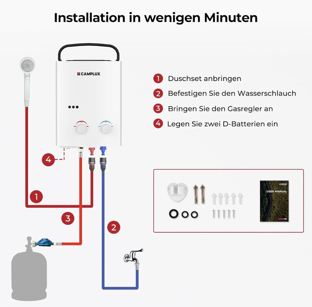 CAMPLUX AY132-DE 5 Liter Tankless Gasdurchlauferhitzer 50mbar, LPG Durchlauferhitzer mit Tragbarer Griff, 10 kW, Propan- oder Butangas, Gebraucht ( Zustand: wie neu )