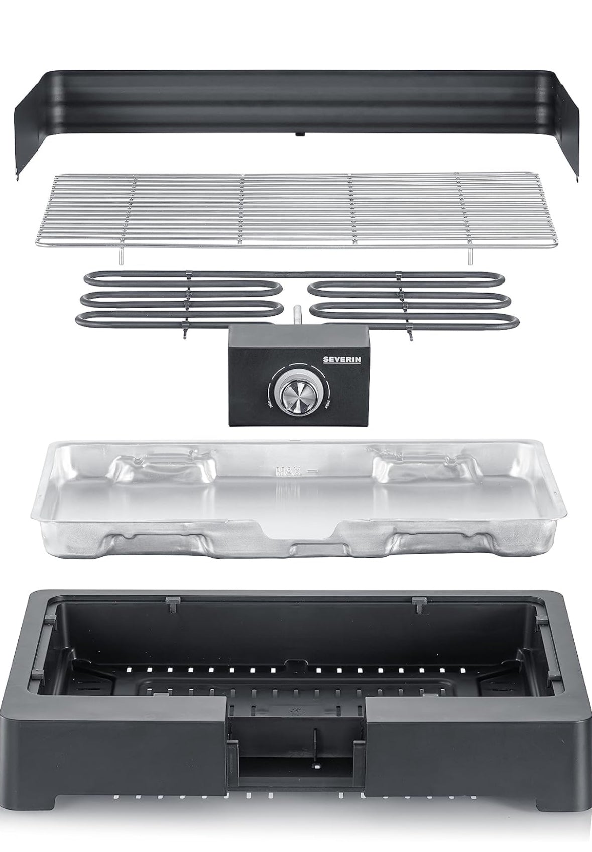 SEVERIN Tischgrill mit Edelstahl-Grillrost für drinnen und draußen, Elektrogrill mit schnellem Grill-Start, Balkon Grill ohne Verbrennungsgefahr, Schwarz, PG 8565 ( Ohne OVP und Bedienungsanleitung)