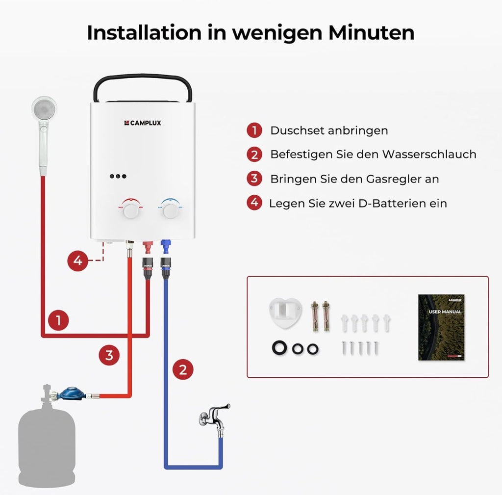 CAMPLUX AY132-DE 5 Liter Tankless Gasdurchlauferhitzer 50mbar, LPG Durchlauferhitzer mit Tragbarer Griff, 10 kW, Propan- oder Butangas, Gebraucht ( Zustand: wie neu )