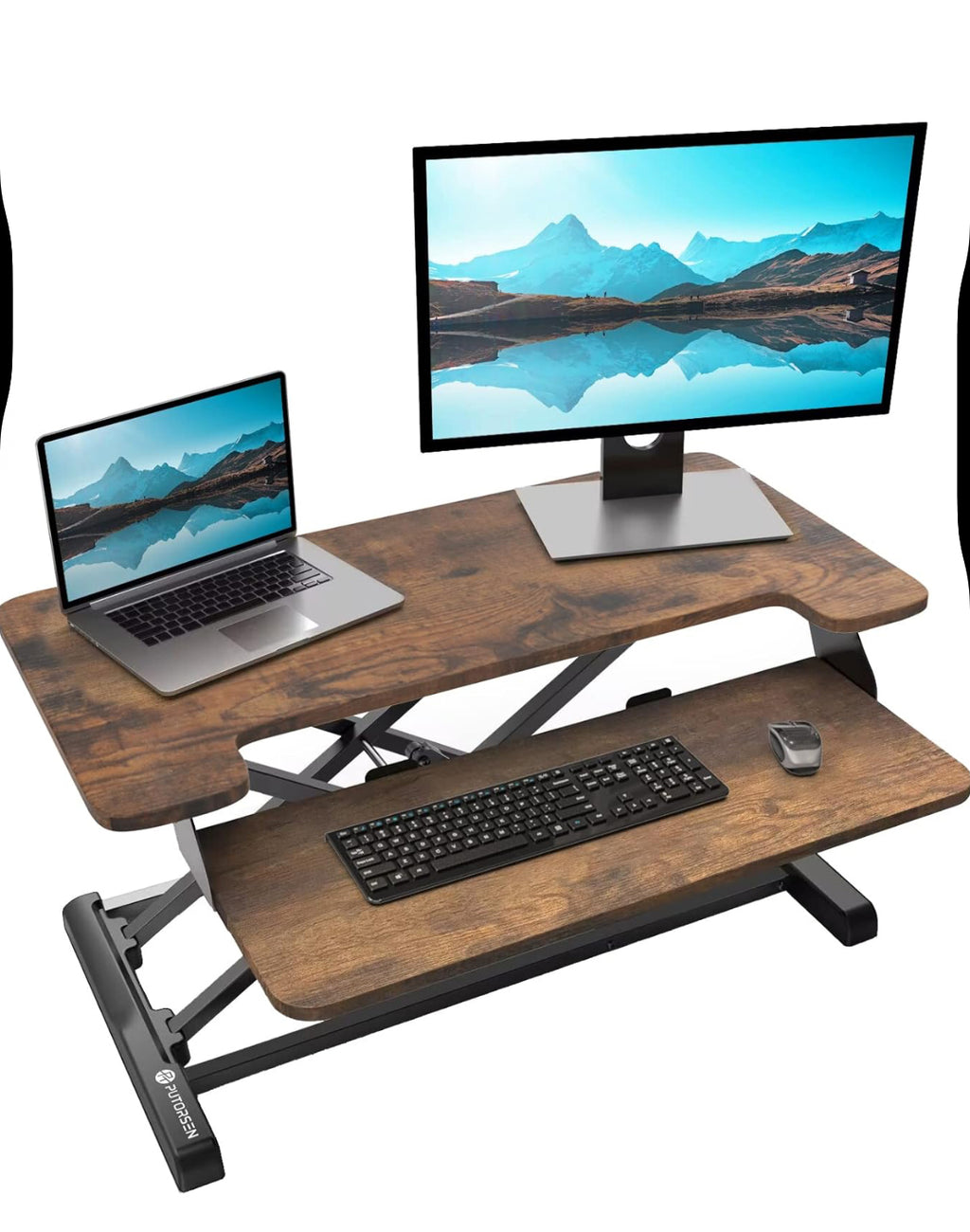 PUTORSEN Höhenverstellbarer Sitz-Steh-Arbeitsplatz Schreibtisch Computer Workstation, Schreibtischaufsatz Steharbeitsplatz Standtisch - 32" Tabletop Stehpult - Rustikales Braun