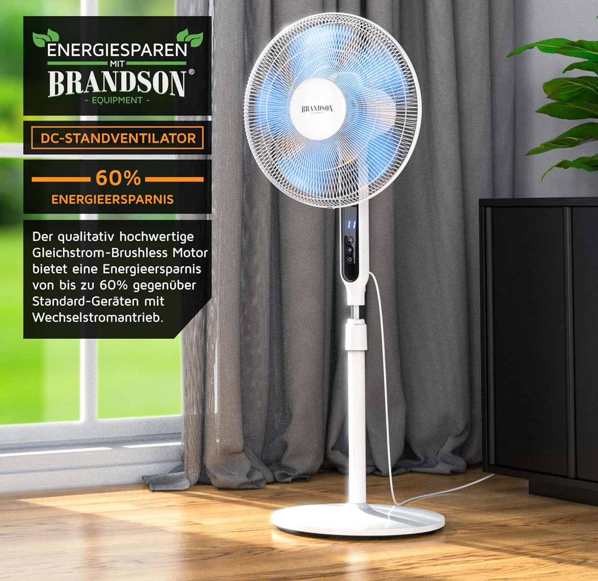 Brandson - DC Standventilator energiesparend ECO - Preisträger 2025 - Fernbedienung - Brushless Silent Motor -sehr leise – Oszilation 60° 90° 120° - Ventilator Timer – 12 Stufen - Turbo Modus - weiß