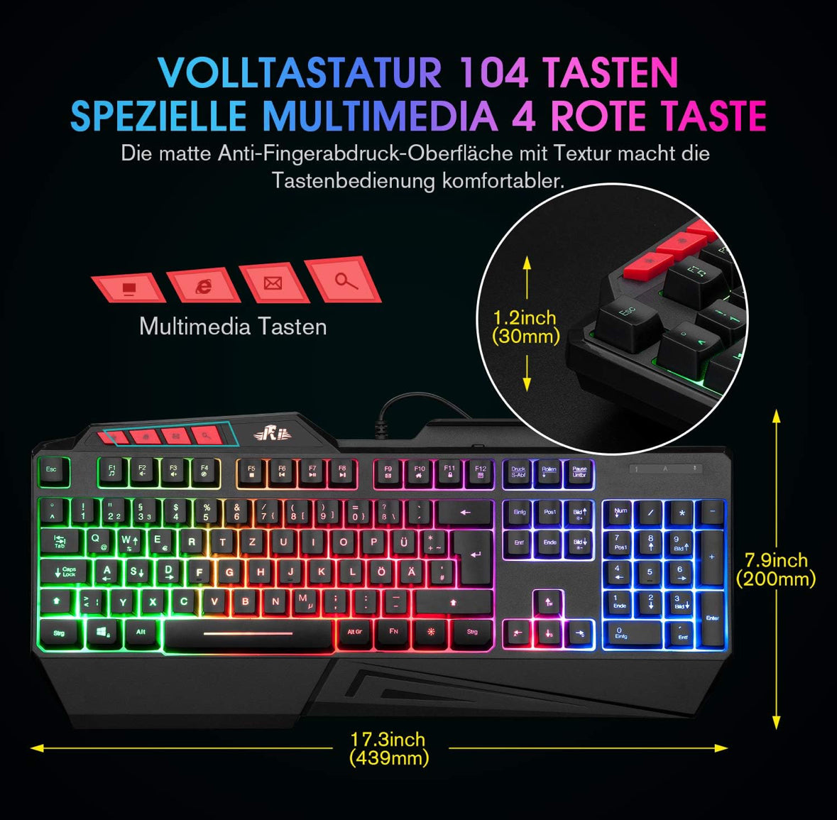 Rii Gaming Tastatur, PC Tastatur Beleuchtet