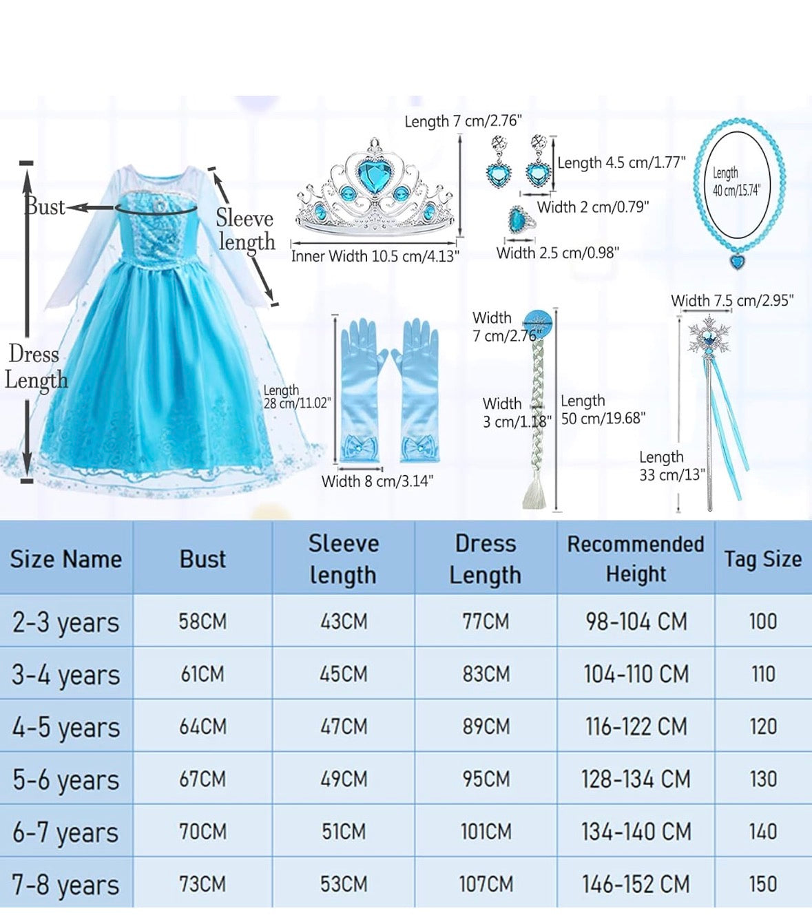 Prinzessin Elsa Kostüm für Mädchen Eiskönigin Kleid Kinder Halloween Karneval Verkleidung 146-152