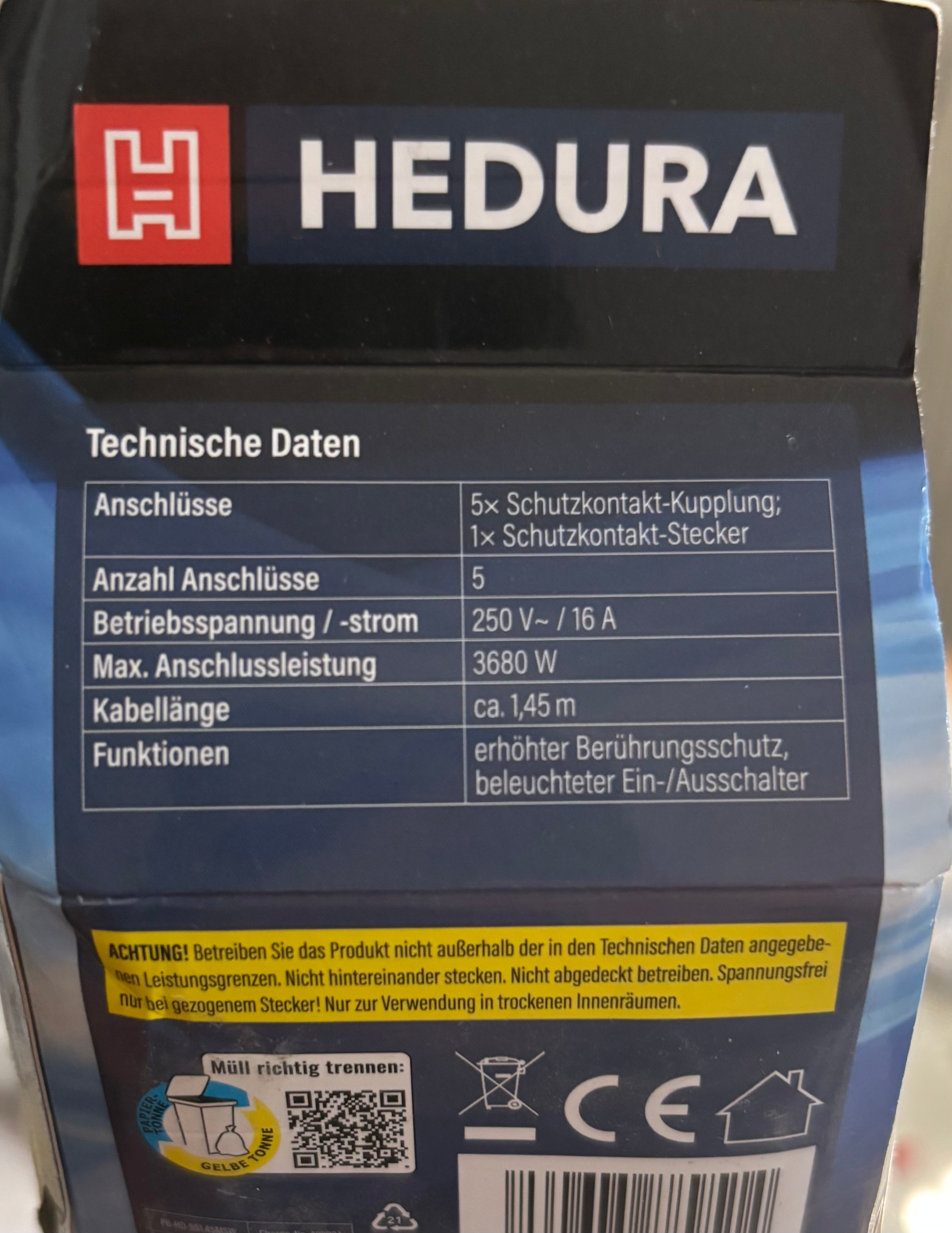 HEDURA Fünffach-Steckdosenleiste mit beleuchteten Ein und Ausschalter, 1,45m Kabel