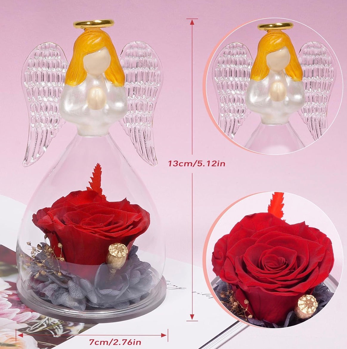 Ewige Rose im Glas, Engel Figur Geschenke für Mama, Infinity Rose 13cm groß