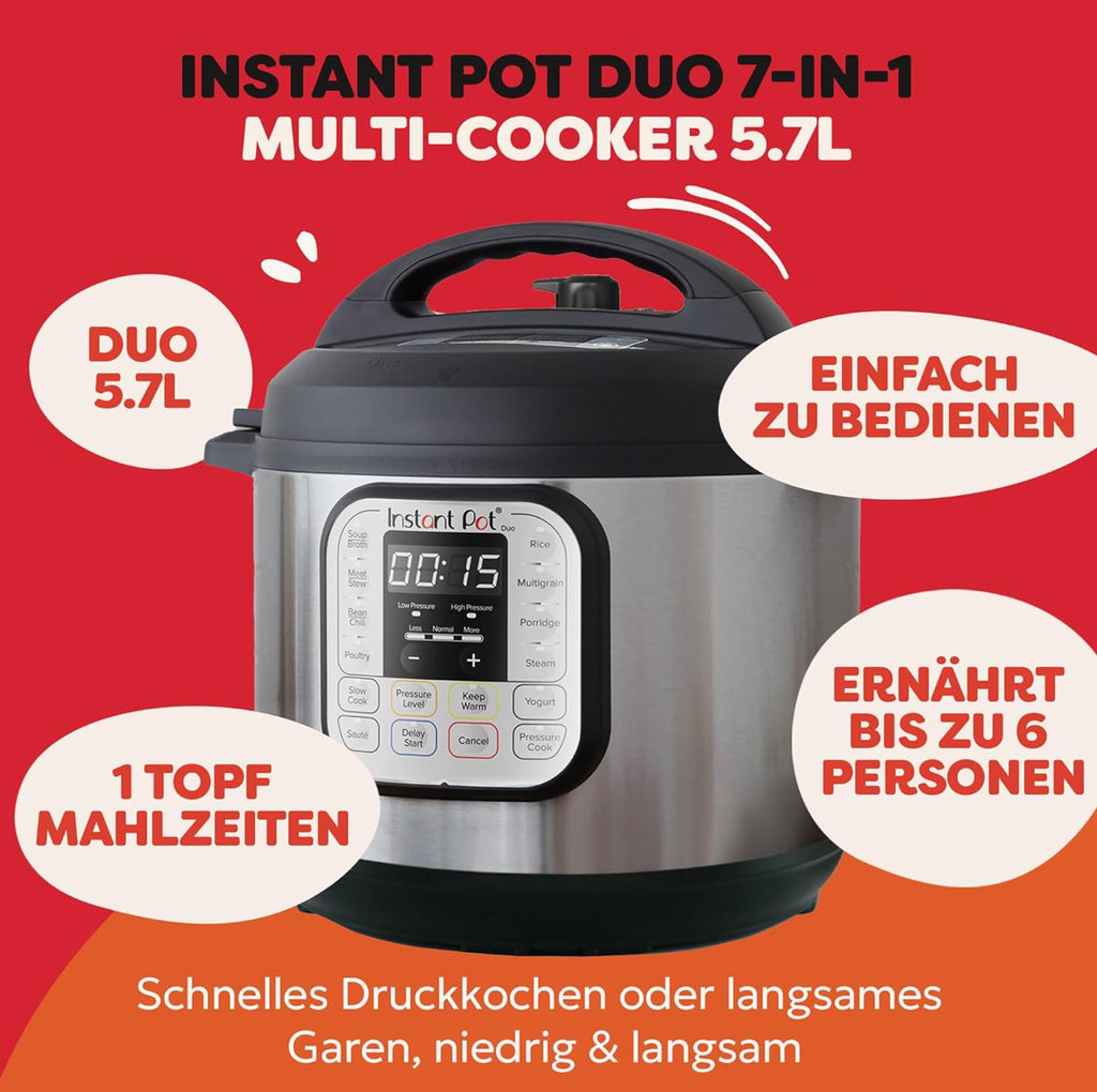 Instant Pot Duo 7-in-1-Multikocher 5,7 l – gebürstetes Edelstahl, großer Schnellkochtopf, Schongarer(Gebraucht,Zustand: wie neu )