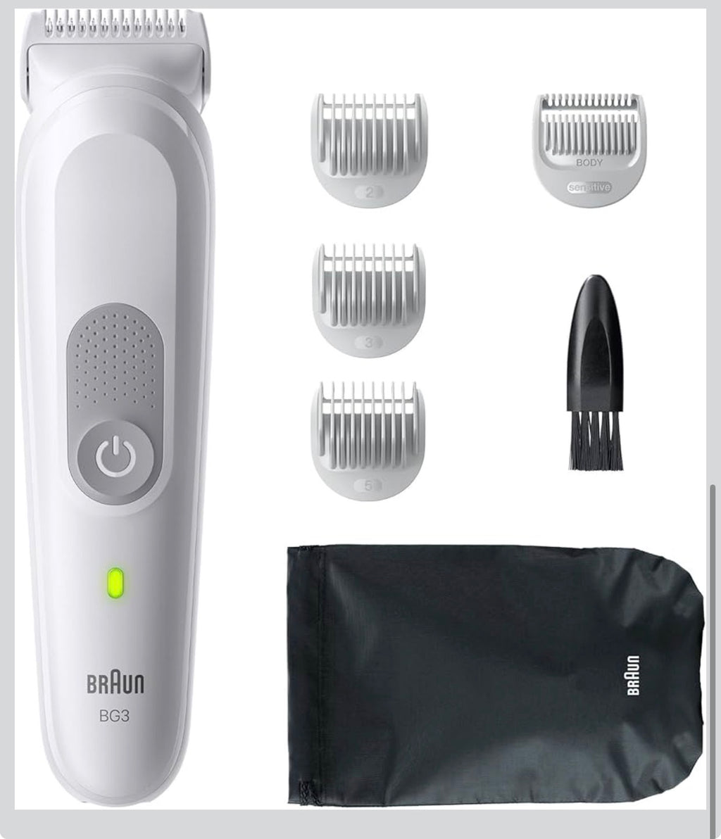 Braun Bodygroomer Series 3, Elektrischer Körperrasierer Herren mit 6 Zubehörteile, Kabelloser Trimmer für Intimbereich und Körper, 80 Min Akku, Wasserdichter Körperhaartrimmer, BG3575, Grau