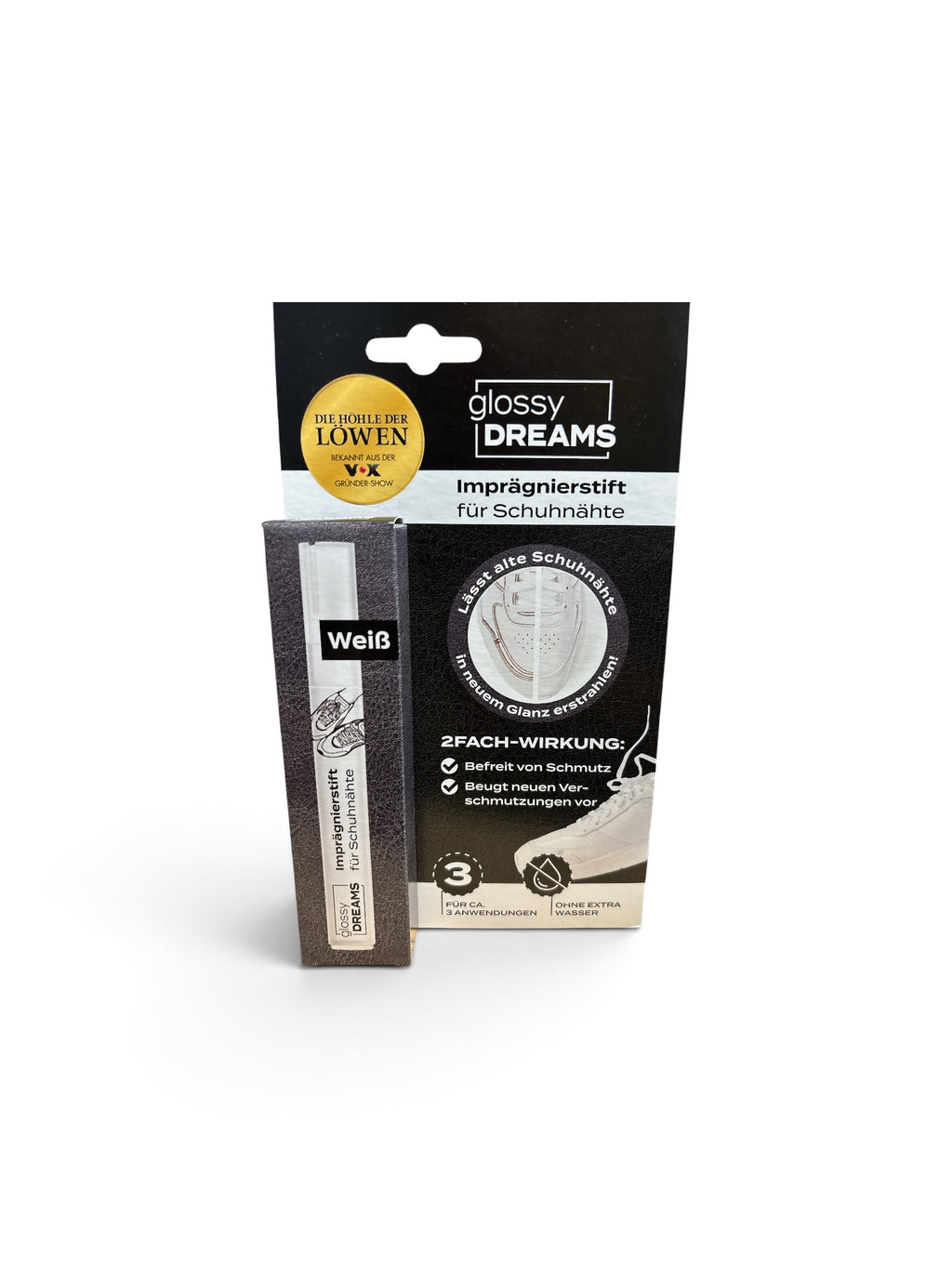 Glossy DREAMS Imprägnierstift für Schuhnähte – 2er Set (1x Weiß & 1x Schwarz) | Bekannt aus „Die Höhle der Löwen“ | Neu & OVP