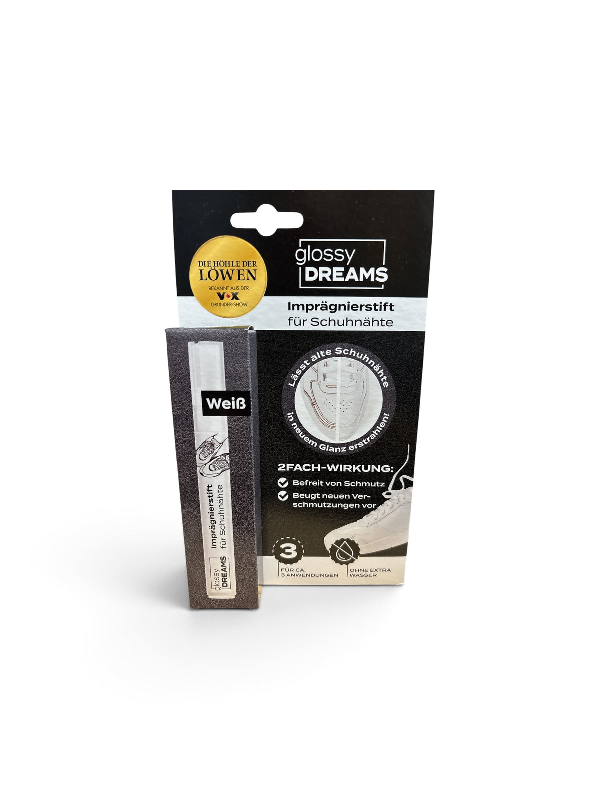 Glossy DREAMS Imprägnierstift für Schuhnähte – 2er Set (1x Weiß & 1x Schwarz) | Bekannt aus „Die Höhle der Löwen“ | Neu & OVP