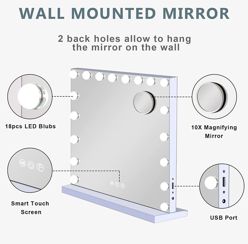 Großer Hollywood-Spiegel, 80 x 60 cm, Kosmetikspiegel mit 18 LED-Lampen, 3 Farben, Beleuchtungsmodus, Kosmetikspiegel mit USB-Ladeanschluss und 10-facher Lupe für Schlafzimmer