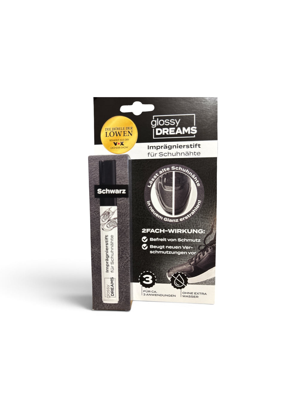 Glossy DREAMS Imprägnierstift für Schuhnähte – 2er Set (1x Weiß & 1x Schwarz) | Bekannt aus „Die Höhle der Löwen“ | Neu & OVP