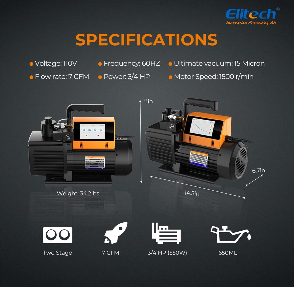 Elitech 12 CFM Vakuumpumpe, 2-stufige intelligente HVAC-Vakuumpumpe mit App-Steuerung, V1200