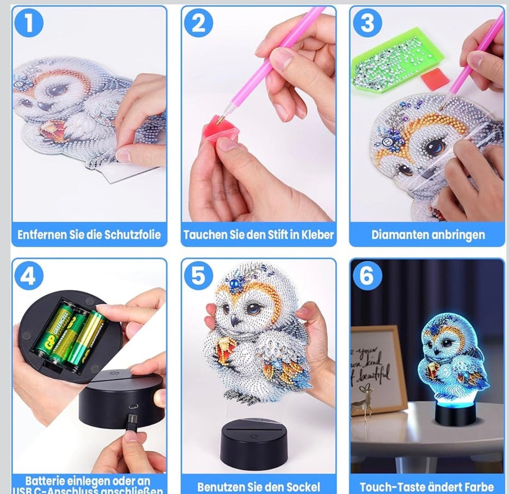 Nachtlicht DIY Diamond Painting Eule Deko, 5D Diamant Painting Kreative Nachtlicht