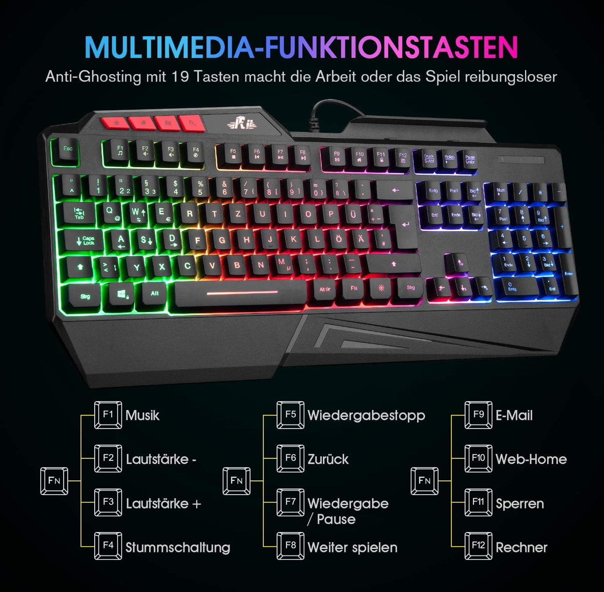 Rii Gaming Tastatur, PC Tastatur Beleuchtet