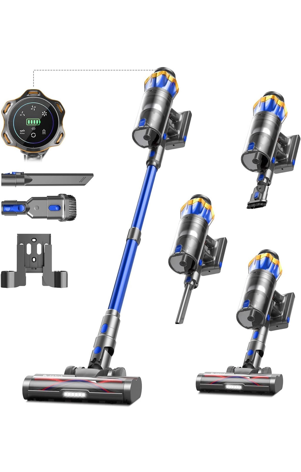 Akku Staubsauger 45000Pa/550W/65Min, 1,6L Staubsauger Kabellos mit Display, Anti-Tangle-Bürste, Selbststehend, Wandladestation, 8-Schicht-Filtration, Ultraleise, für Tierhaare/Teppiche/Hartböden/Auto