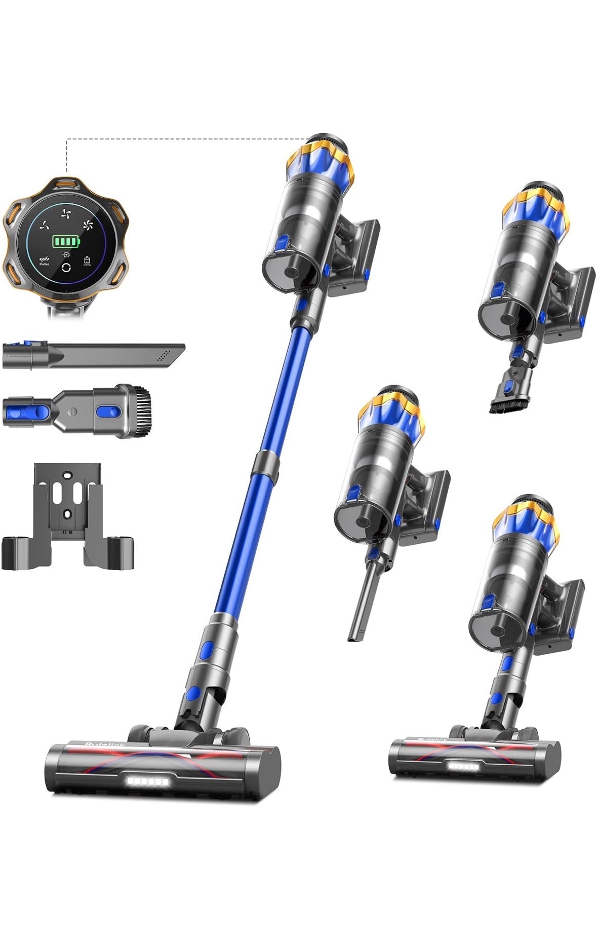 Akku Staubsauger 45000Pa/550W/65Min, 1,6L Staubsauger Kabellos mit Display, Anti-Tangle-Bürste, Selbststehend, Wandladestation, 8-Schicht-Filtration, Ultraleise, für Tierhaare/Teppiche/Hartböden/Auto