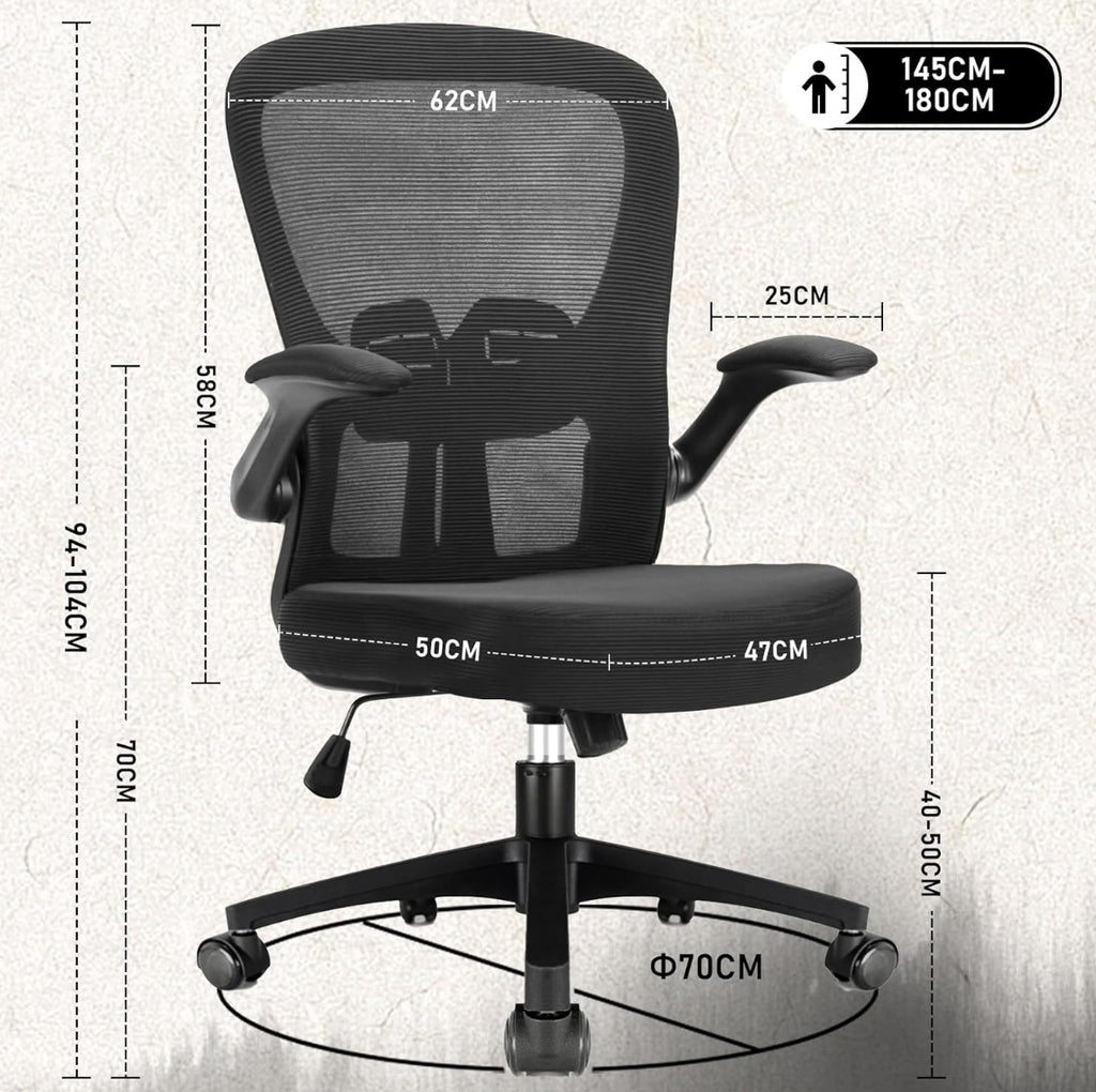 Durrafy Ergonomischer Bürostuhl, Schreibtischstuhl mit Verstellbaren Armlehnen, Gaming-Stuhl,Mesh-Bürostühle,Bürostuhl mit Lendenwirbelstütze,Gepolstertem Sitzkissen, 360° Drehstuhl, Schwarz(C-01)