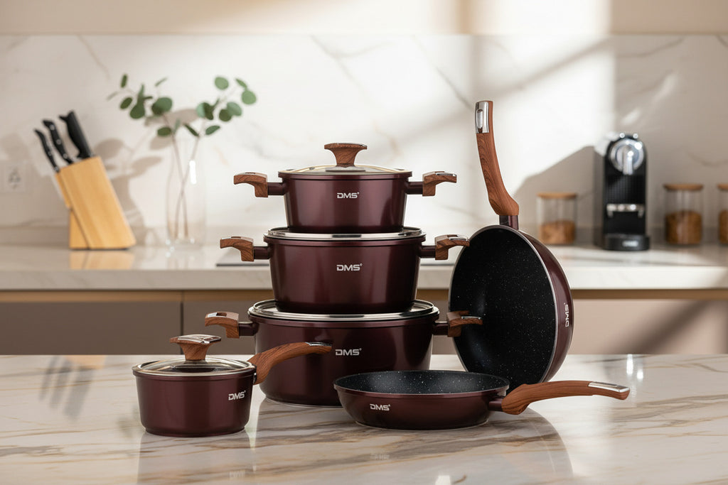 DMS® 10-teilig Induktion Kochgeschirr Kochset Töpfe Pfannen Set Bratpfanne Kasserolle Suppentopf mit Glasdeckel Marbel Beschichtung Spülmaschinengeeignet TSM4010
