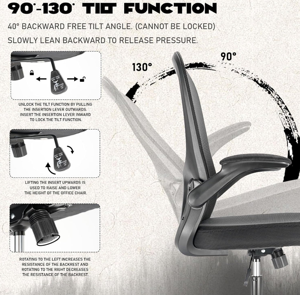 Durrafy Ergonomischer Bürostuhl, Schreibtischstuhl mit Verstellbaren Armlehnen, Gaming-Stuhl,Mesh-Bürostühle,Bürostuhl mit Lendenwirbelstütze,Gepolstertem Sitzkissen, 360° Drehstuhl, Schwarz(C-01)