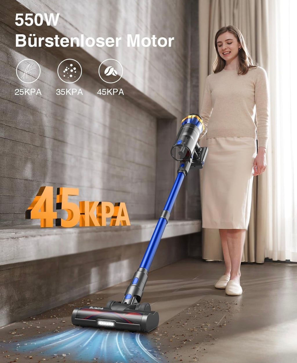 Akku Staubsauger 45000Pa/550W/65Min, 1,6L Staubsauger Kabellos mit Display, Anti-Tangle-Bürste, Selbststehend, Wandladestation, 8-Schicht-Filtration, Ultraleise, für Tierhaare/Teppiche/Hartböden/Auto