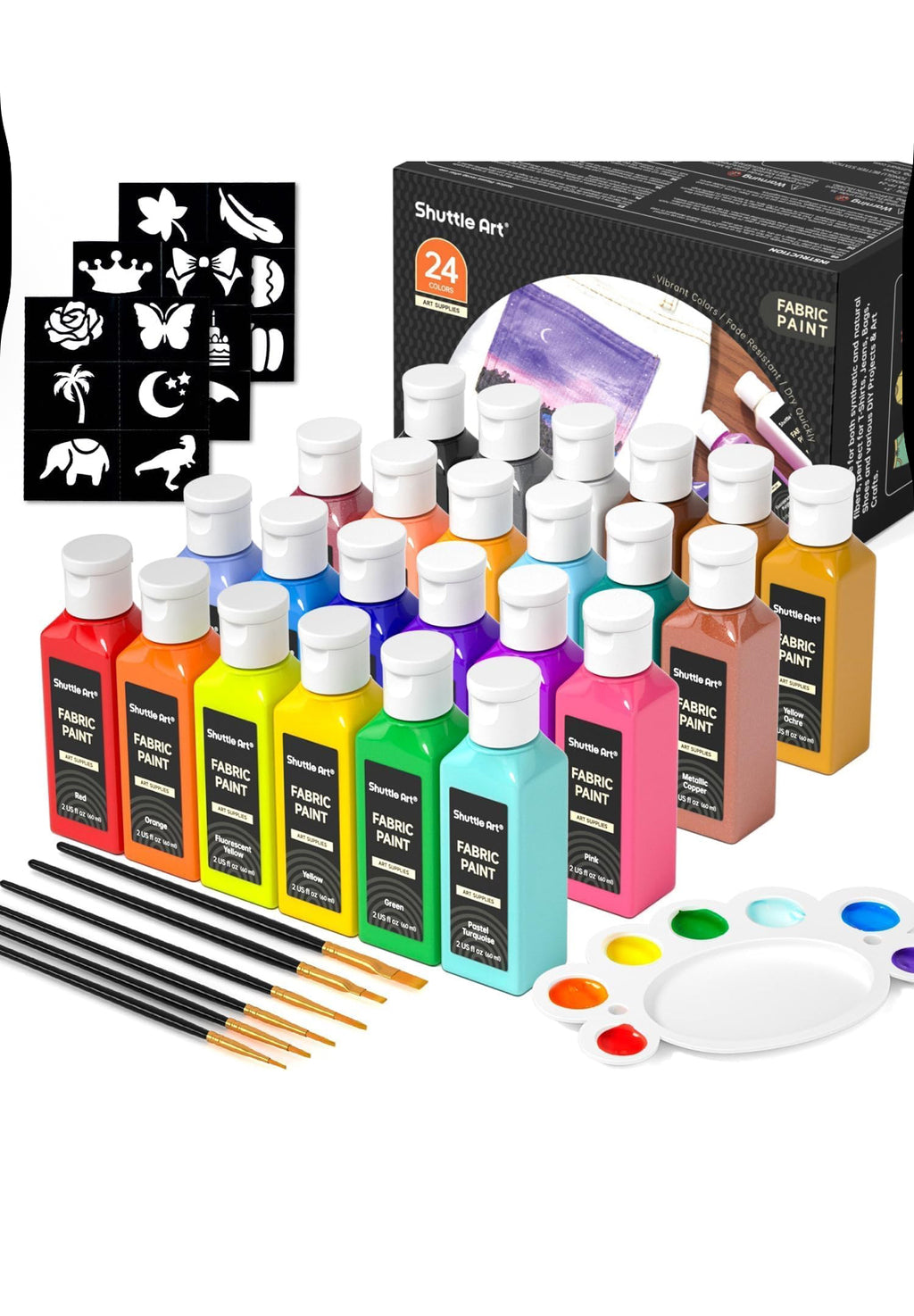 Shuttle Art 24 textilfarben waschmaschinenfest, Stoffmalfarben waschfest kinder in Flaschen (je 60 ml) mit Pinseln, Vorlagen, wasserfeste Stofffarben für Erwachsene, Kinder auf T-Shirt, Schuhe, Jeans