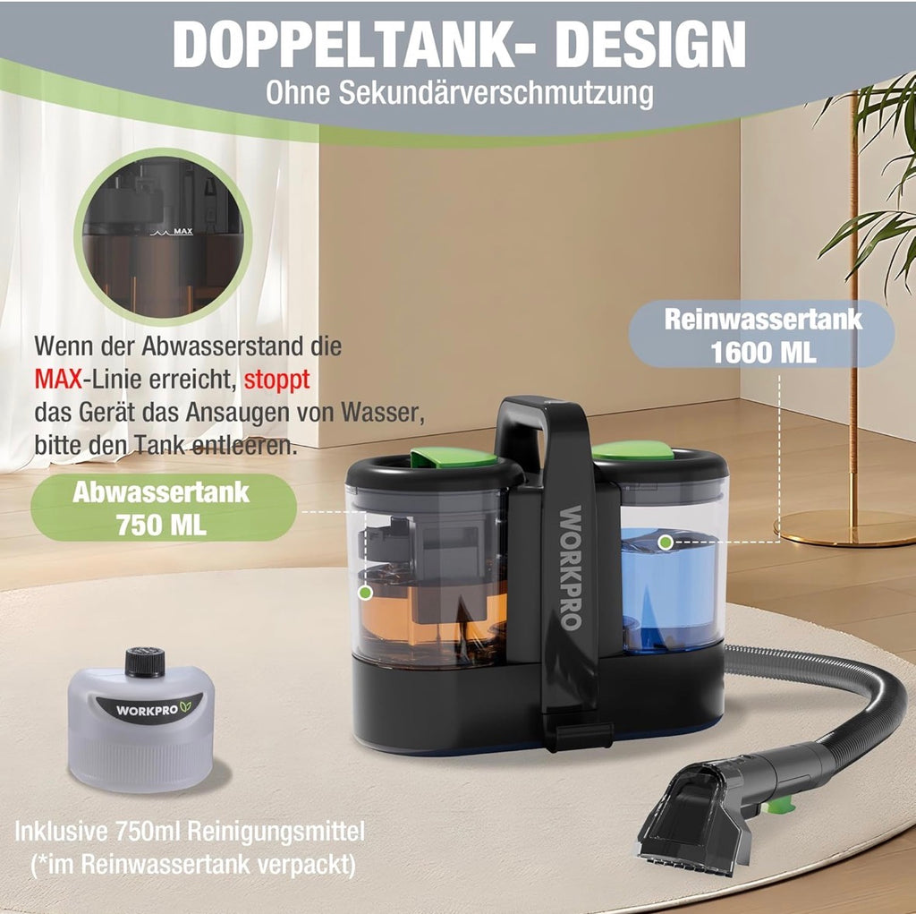 WORKPRO Waschsauger 450W, Teppichreiniger 1,6L für Teppich, Sofa, Auto
13kPa, mit Reinigungsmittel, und 2 Bürstenköpfe, Polsterreiniger Sofareiniger