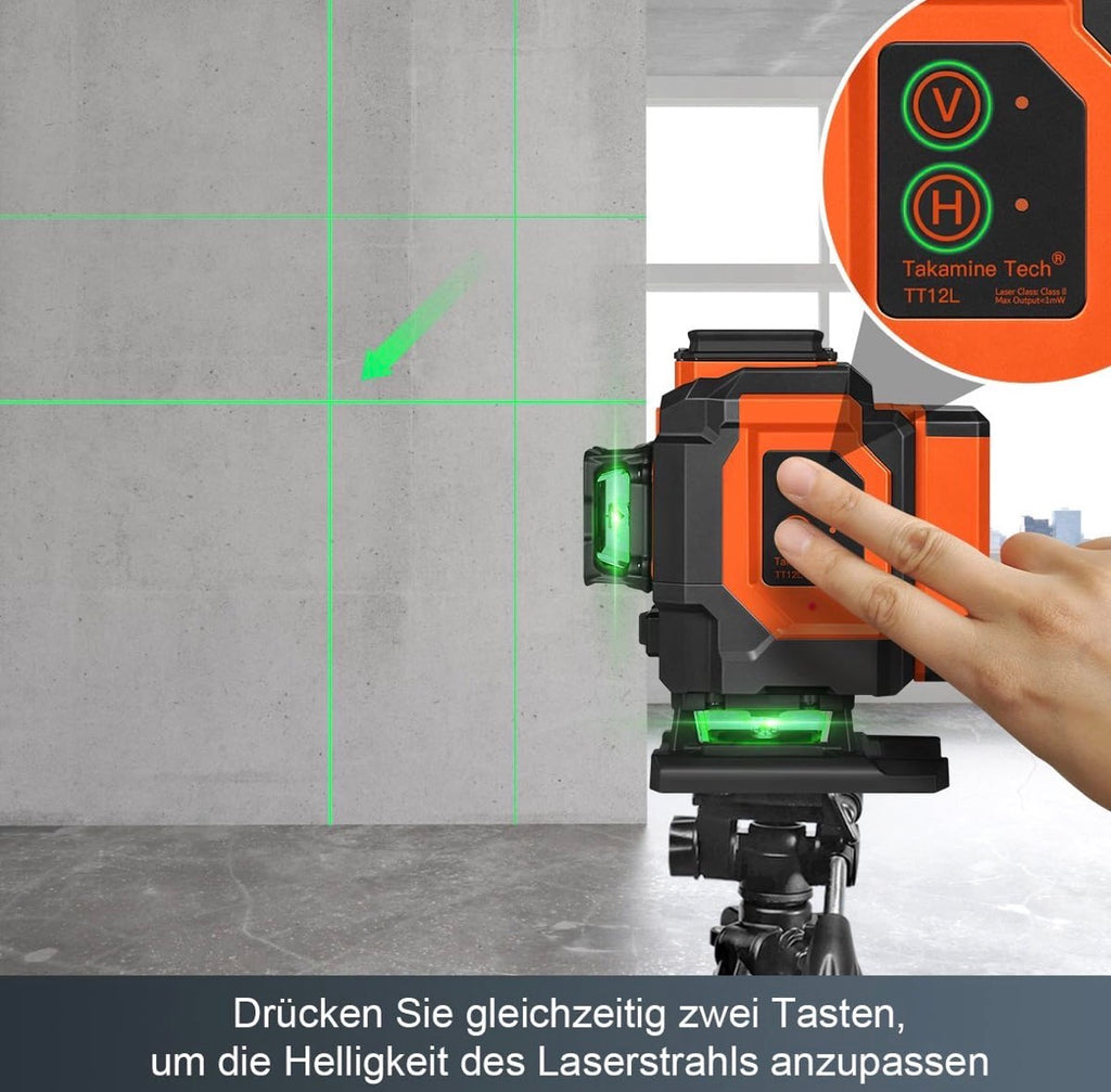 Kreuzlinienlaser grün,TakamineTech 3X360 Grad Laser Wasserwaage Selbstnivellierend,3D Kreuzlaser 12 Linienlaser,Baulaser für Innenbereich Baustelle,Wandlaser mit wiederaufladbarer Batterie(Type-C)