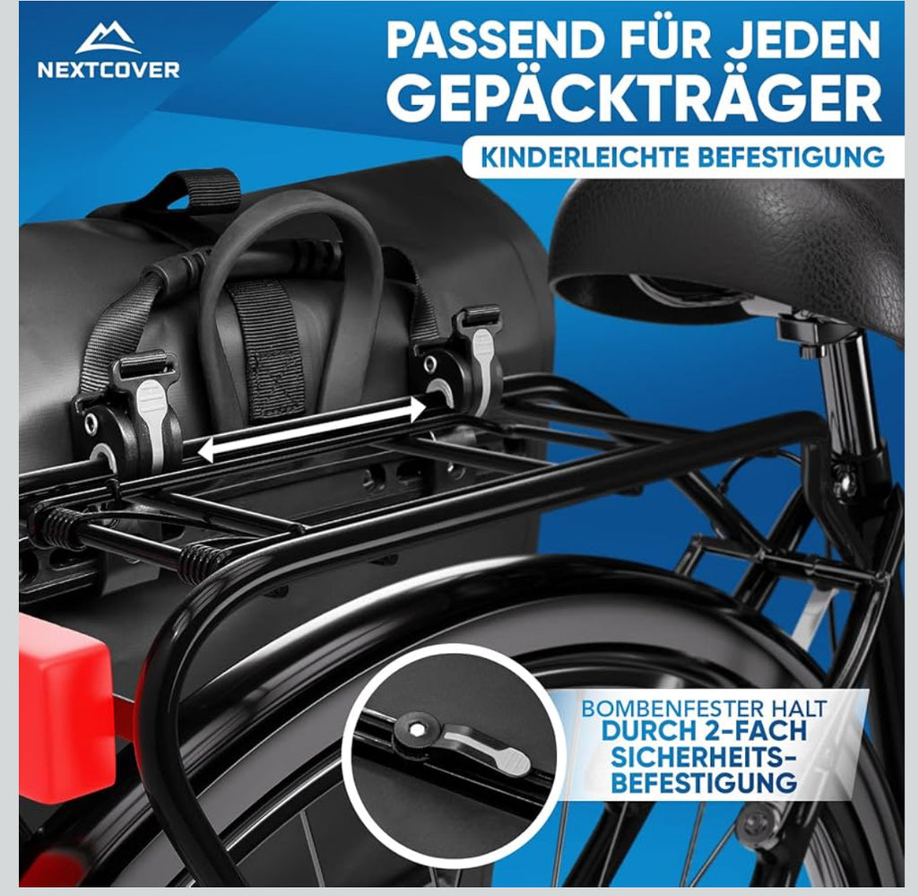 Nextcover  Multifunktionale Fahrradtasche für Gepäckträger 100% Wasserdicht I Fahrrad Tasche mit Reflektoren dunkel blau