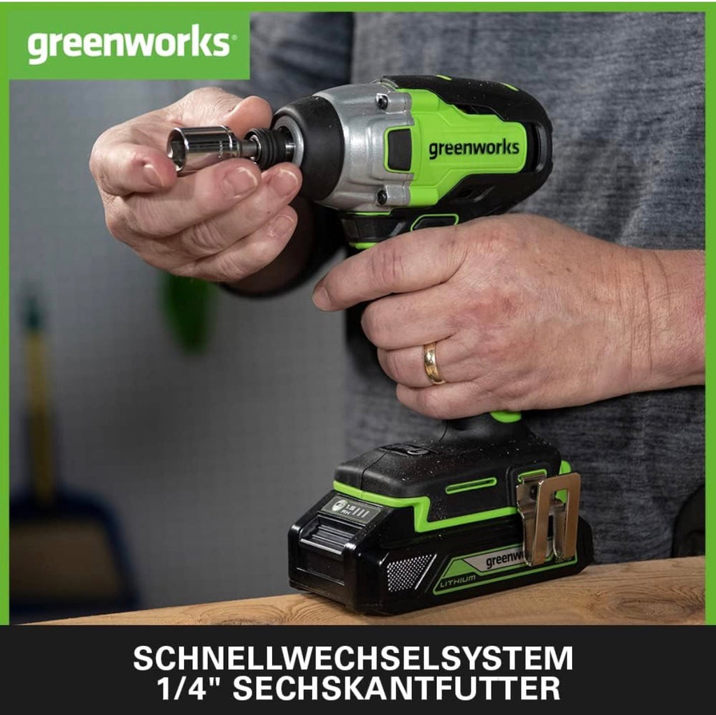 Greenworks GD24ID3 Akku Schlagschrauber mit bürstenlosem Motor, 2800 rpm, 4000 ipm, 300 Nm Drehmoment, 1/4" Sechskantfutter OHNE 24V Akku & Ladegerät
