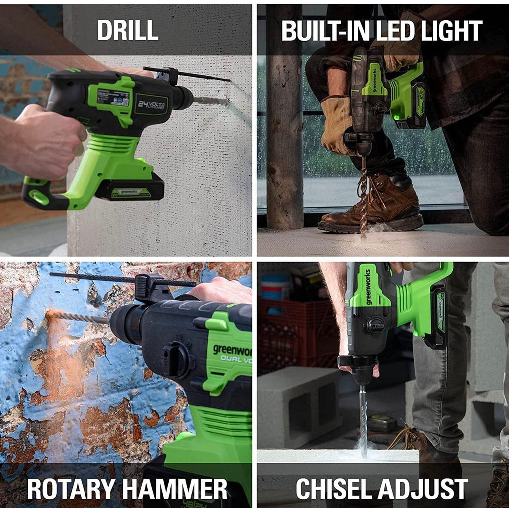 Greenworks GD24SDS2 Akku Bohrhammer SDS mit bürstenlosem Motor, 0-1000 U/min, 0-4500ipm, 2 Joule Schlagstärke, OHNE 24V Akku & Ladegerät