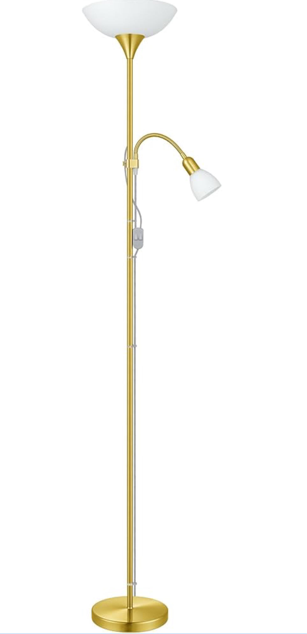 EGLO Stehlampe Up 2, 2 flammige Stehleuchte, Standleuchte aus Metall, Glas und Kunststoff, Wohnzimmerlampe in Messing-Matt, Weiß, Lampe mit Schalter, Deckenfluter mit Leselampe, E27 E14