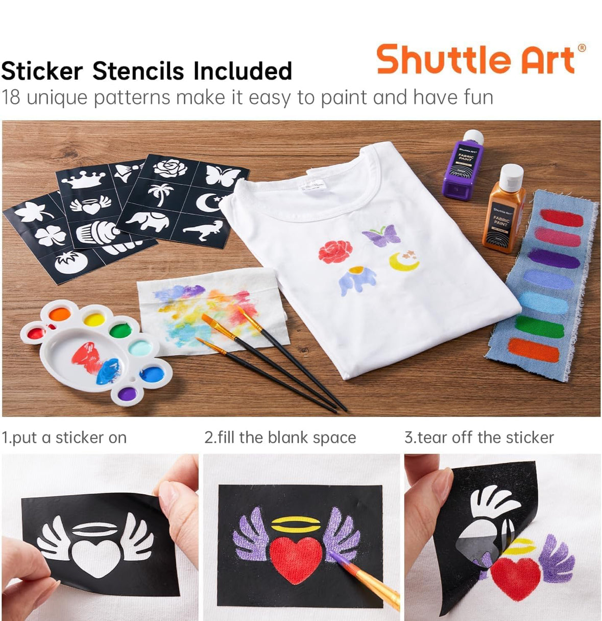 Shuttle Art 24 textilfarben waschmaschinenfest, Stoffmalfarben waschfest kinder in Flaschen (je 60 ml) mit Pinseln, Vorlagen, wasserfeste Stofffarben für Erwachsene, Kinder auf T-Shirt, Schuhe, Jeans