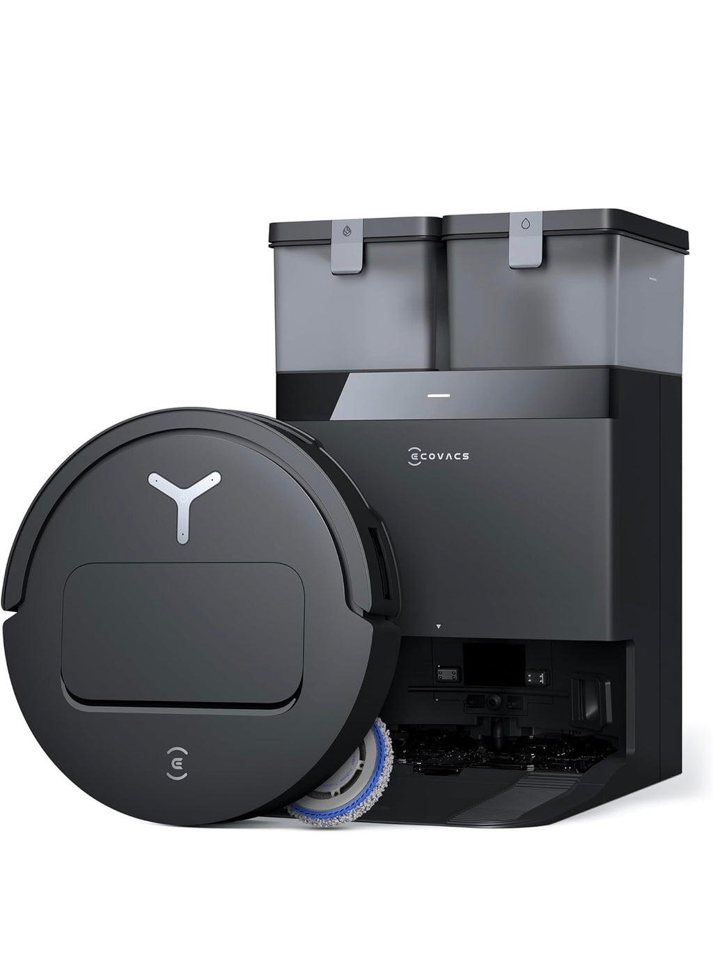 Saugroboter der Firma ECOVACS, Model DEEBOT T50 Omni Gen2 mit Wischfunktion, 21.000 Pa, Ausziehbare Seitenbürste und Mopp, Silberschwarz, Zustand: Generalüberholt (sehr gut)
