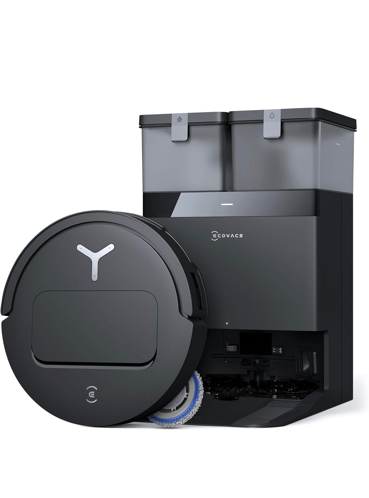 Saugroboter der Firma ECOVACS, Model DEEBOT T50 Omni Gen2 mit Wischfunktion, 21.000 Pa, Ausziehbare Seitenbürste und Mopp, Silberschwarz, Zustand: Generalüberholt (sehr gut)