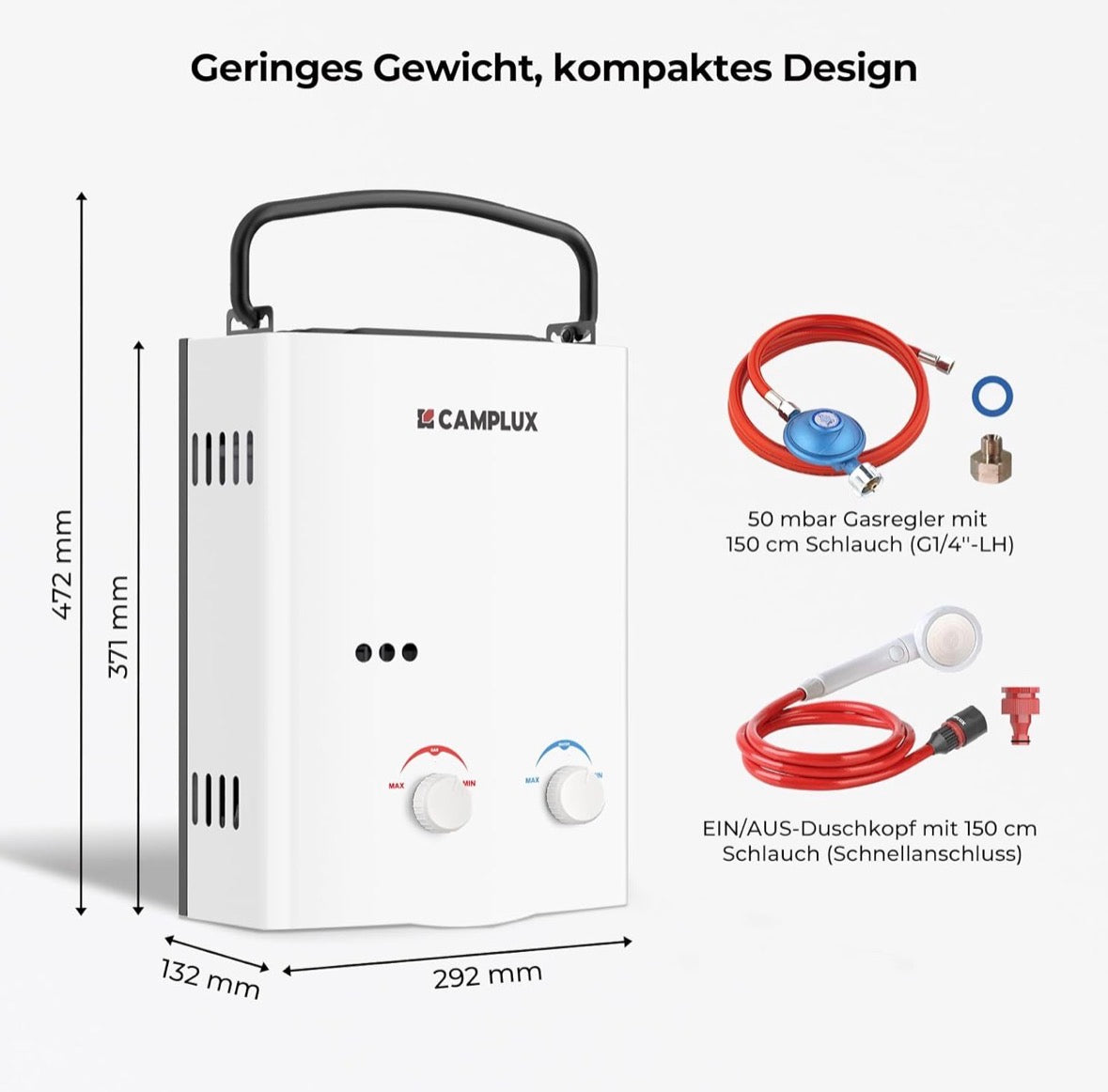 CAMPLUX AY132-DE 5 Liter Tankless Gasdurchlauferhitzer 50mbar, LPG Durchlauferhitzer mit Tragbarer Griff, 10 kW, Propan- oder Butangas, Gebraucht ( Zustand: wie neu )