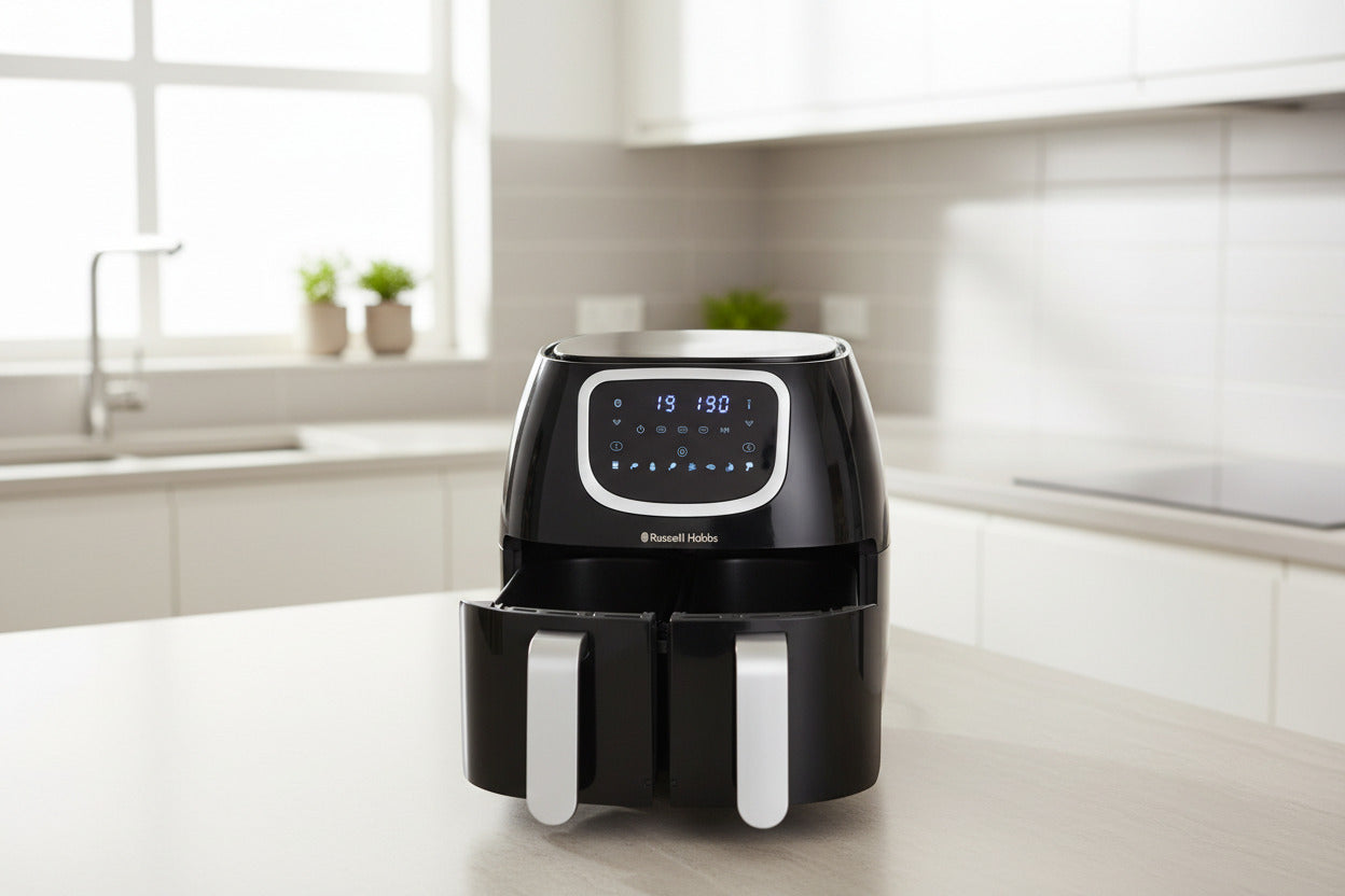 Russell Hobbs Heißluftfritteuse Doppelkammer [2 Fächer: 4,25l oder ein Korb 8,5l ] AirFryer SatisFry Snappi (8 Programme, spülmaschinenfest, Touchscreen, Fritteuse ohne Öl) Dual Basket 27290-56(Gebraucht,Zustand:sehr gut)