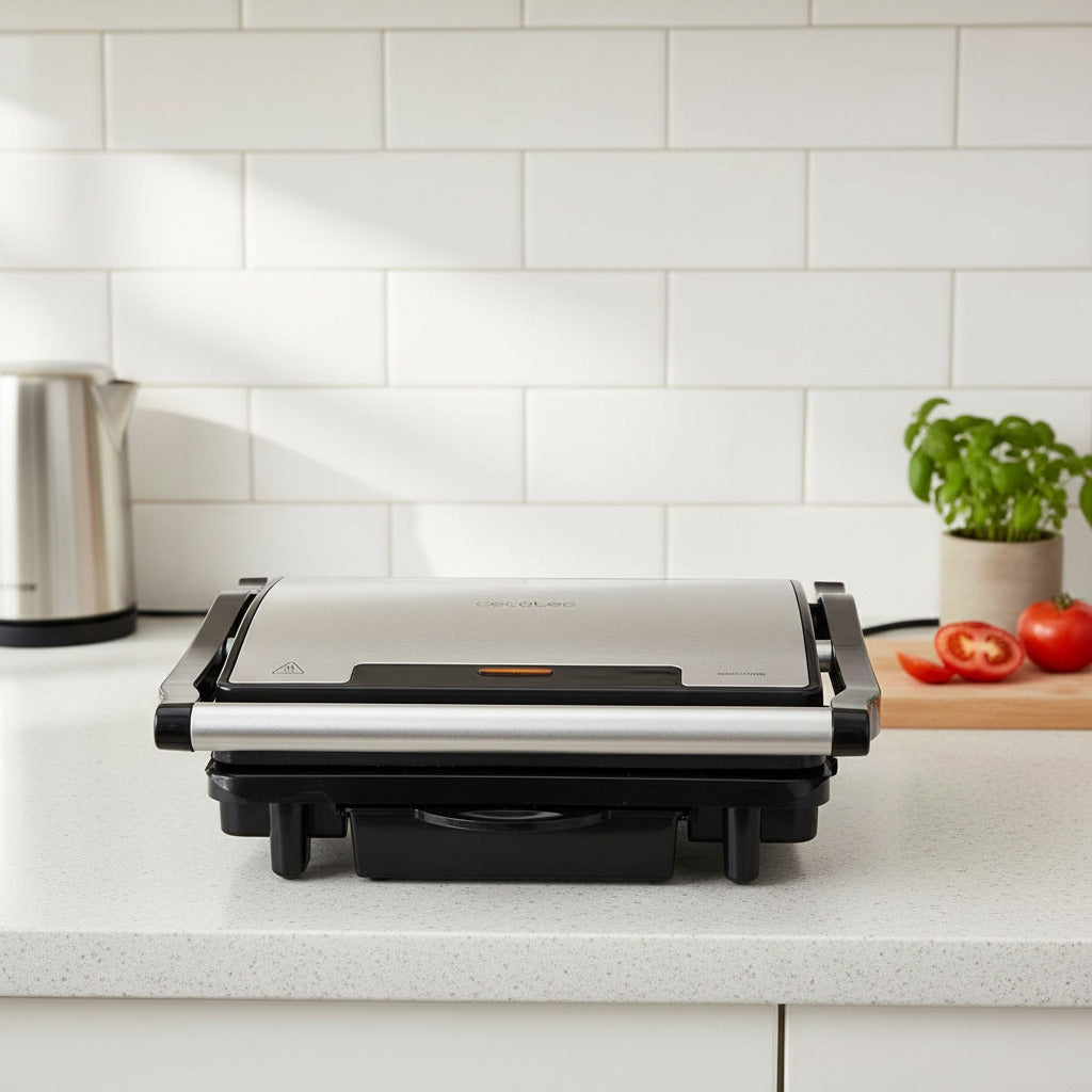 Elektrischer Kontaktgrill der Firma Cecotec mit  1500 W, Grillfläche 24,5 x 17,3 cm, RockStone-Beschichtung, Fettauffangschale.(Retoure, Zustand: Unbenutzt (Verpackung geöffnet)