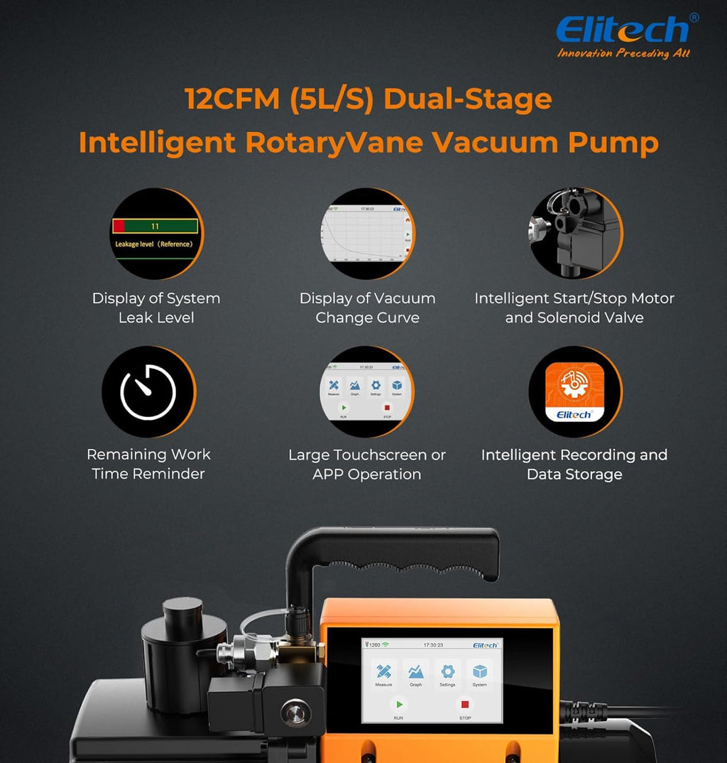 Elitech 12 CFM Vakuumpumpe, 2-stufige intelligente HVAC-Vakuumpumpe mit App-Steuerung, V1200