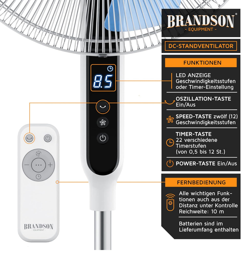 Brandson - DC Standventilator energiesparend ECO - Preisträger 2025 - Fernbedienung - Brushless Silent Motor -sehr leise – Oszilation 60° 90° 120° - Ventilator Timer – 12 Stufen - Turbo Modus - weiß