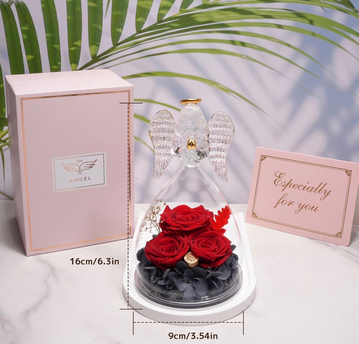 Geschenke für Mama, Ewige Rose im Glas Engel Figur 16 cm groß