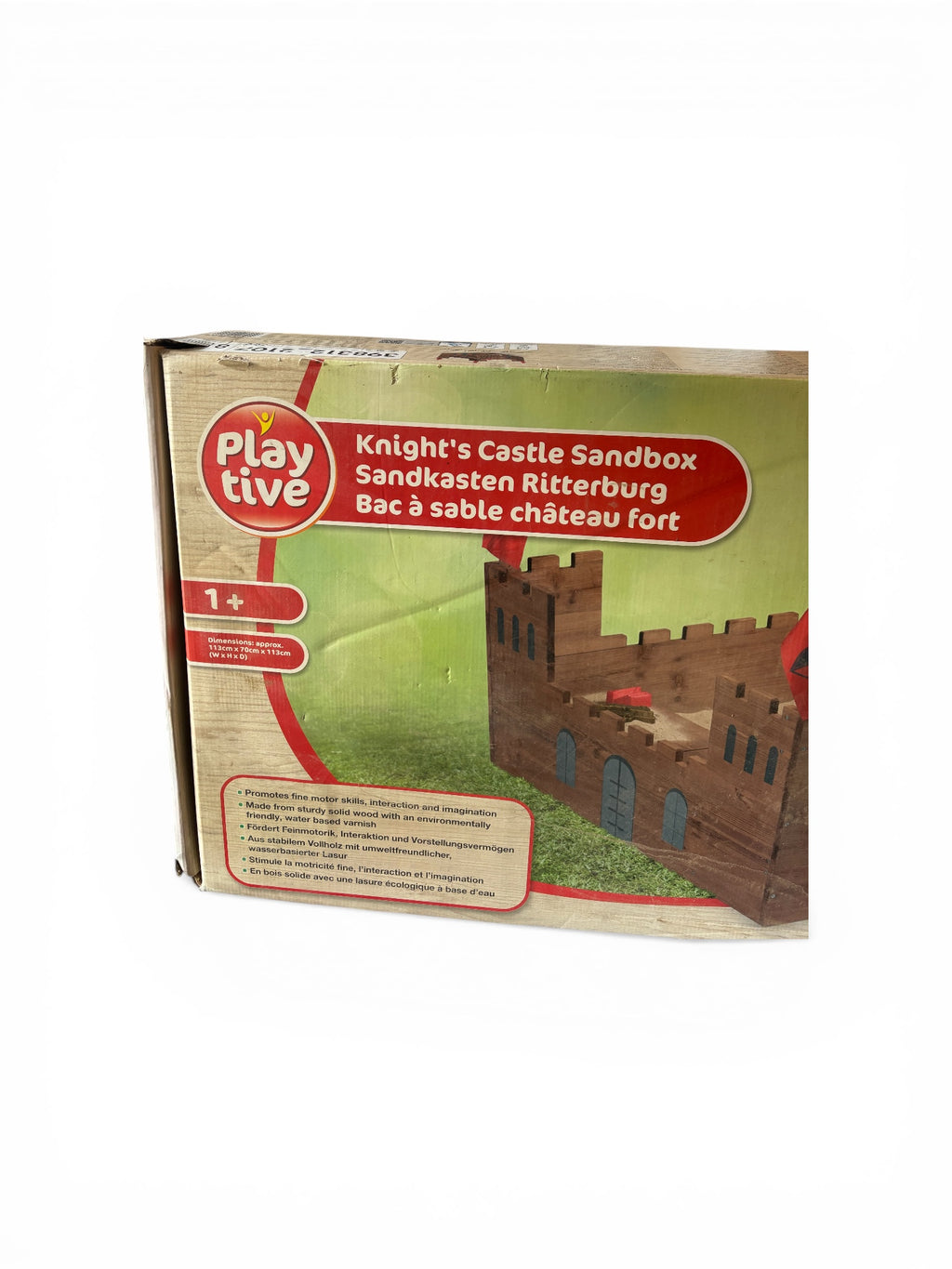 PLAYTIVE Sandkasten Ritterburg aus Vollholz inkl. Bodenvlies ca113 x 70 x 113 cm