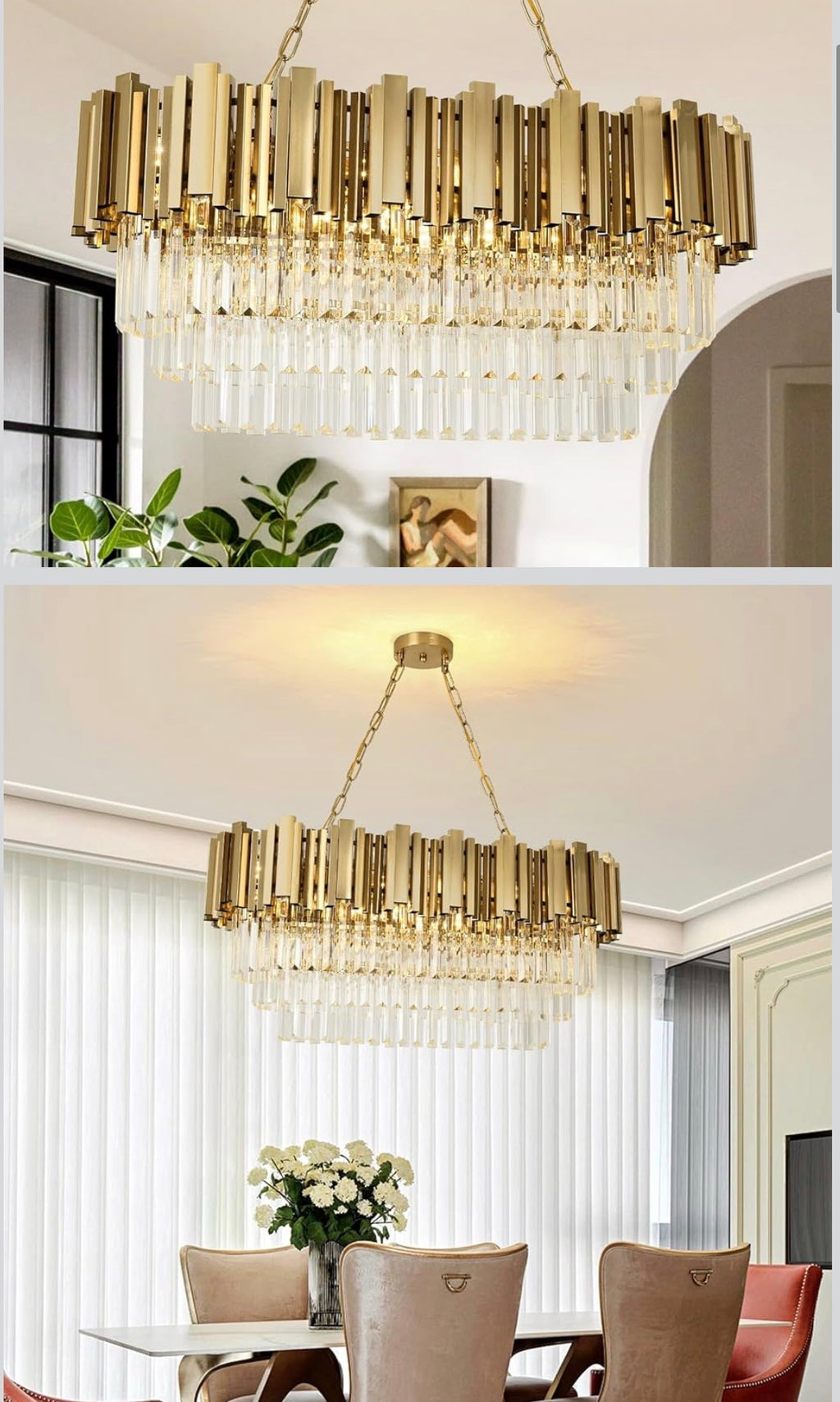 Modern Kristall Kronleuchter Gold Pendelleuchte, Oval Kristall Hängeleuchte, Häengelampe für Wohnzimmer