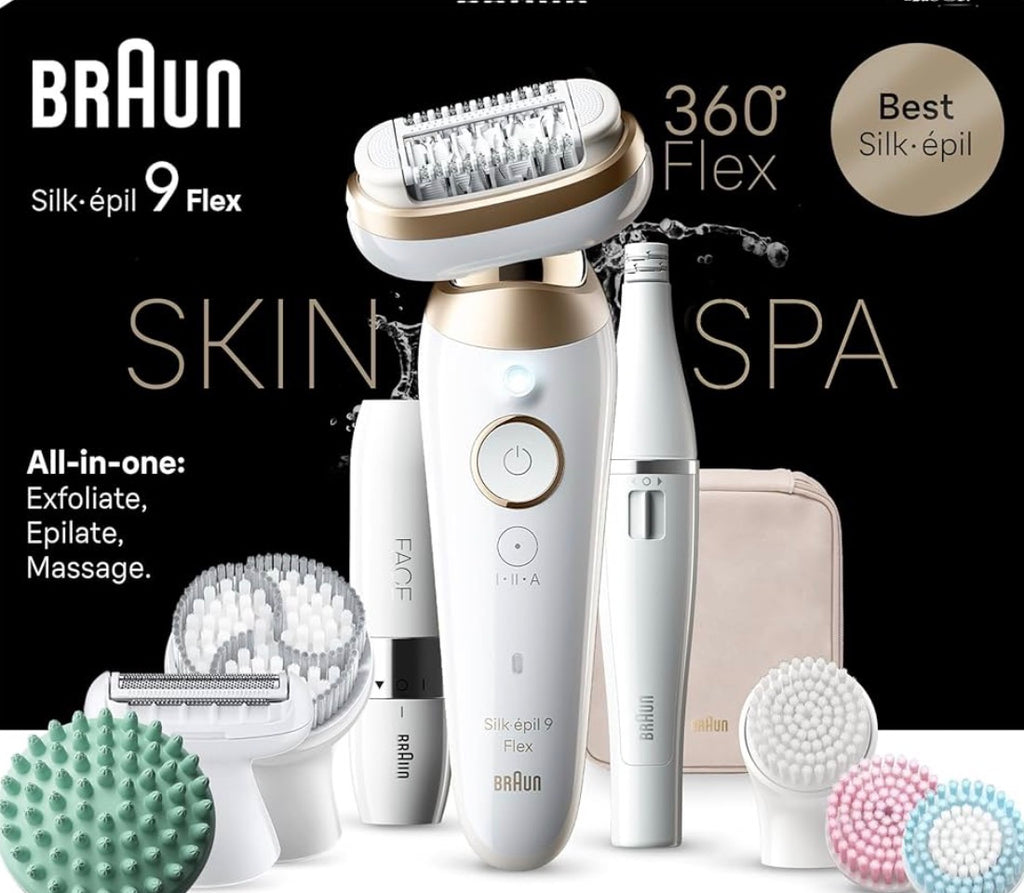 Braun Silk-épil 9 Flex SkinSpa Epilierer Damen, All-in-One Set, Haarentferner für Langanhaltende Haarentfernung, Ladyshaver, Facespa Gesichtshaarentferner, Made in Germany, 9-681 3D, Weiß/Gold