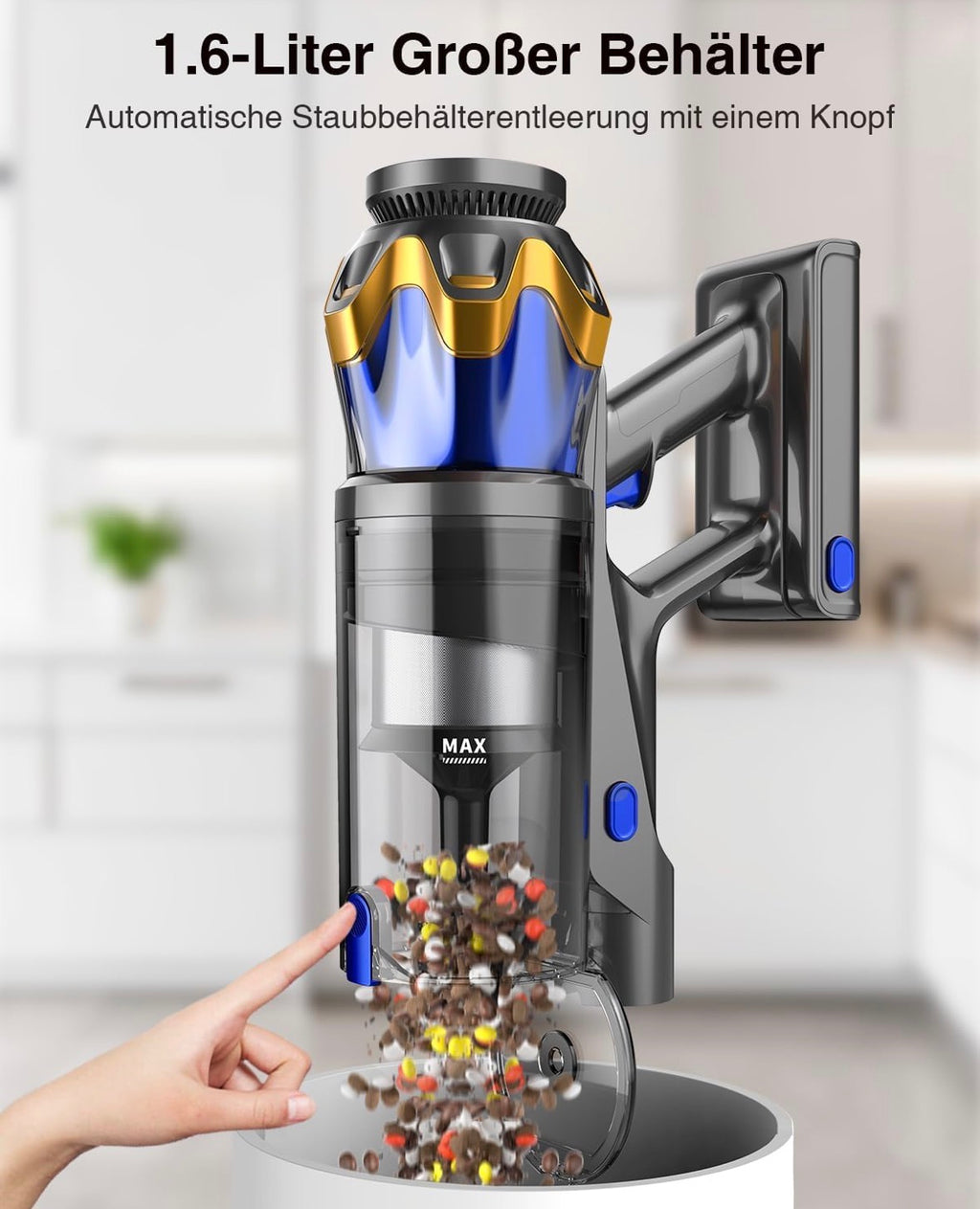 Akku Staubsauger 45000Pa/550W/65Min, 1,6L Staubsauger Kabellos mit Display, Anti-Tangle-Bürste, Selbststehend, Wandladestation, 8-Schicht-Filtration, Ultraleise, für Tierhaare/Teppiche/Hartböden/Auto