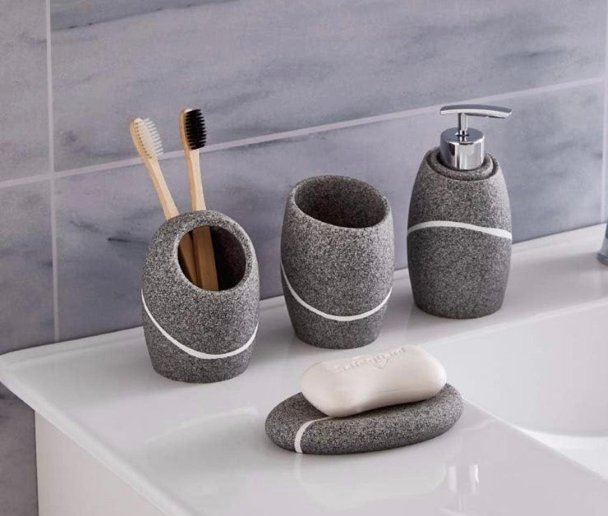 Badezimmer-Set Grau in Steinoptik – Elegantes Bad-Organizer-Set inkl. Seifenspender, Zahnbürstenhalter, Kosmetikschale & Wattestäbchen-Behälter