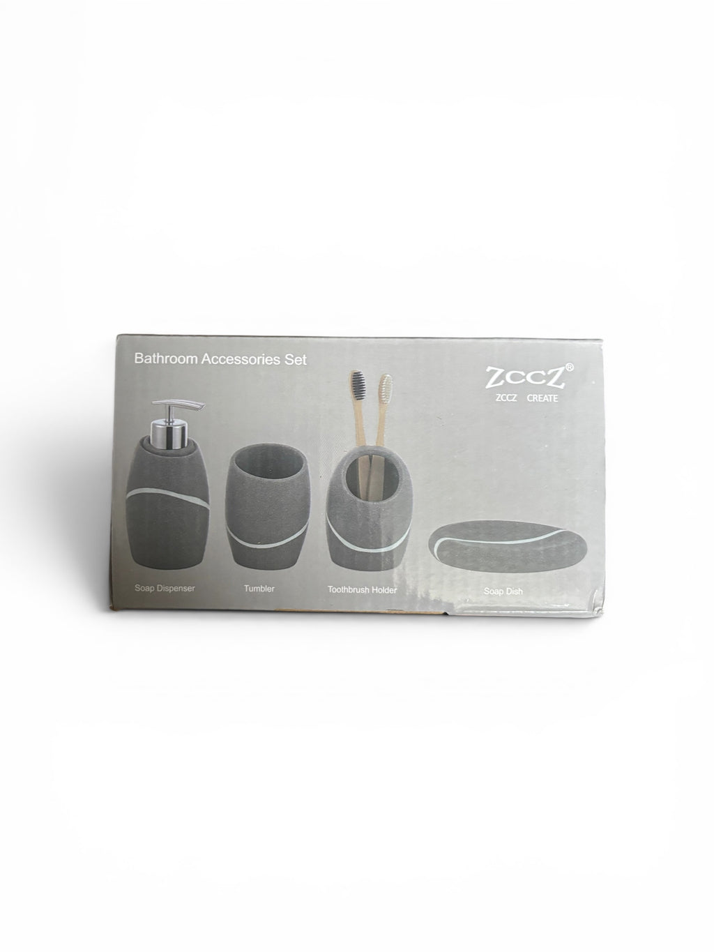 Badezimmer-Set Grau in Steinoptik – Elegantes Bad-Organizer-Set inkl. Seifenspender, Zahnbürstenhalter, Kosmetikschale & Wattestäbchen-Behälter