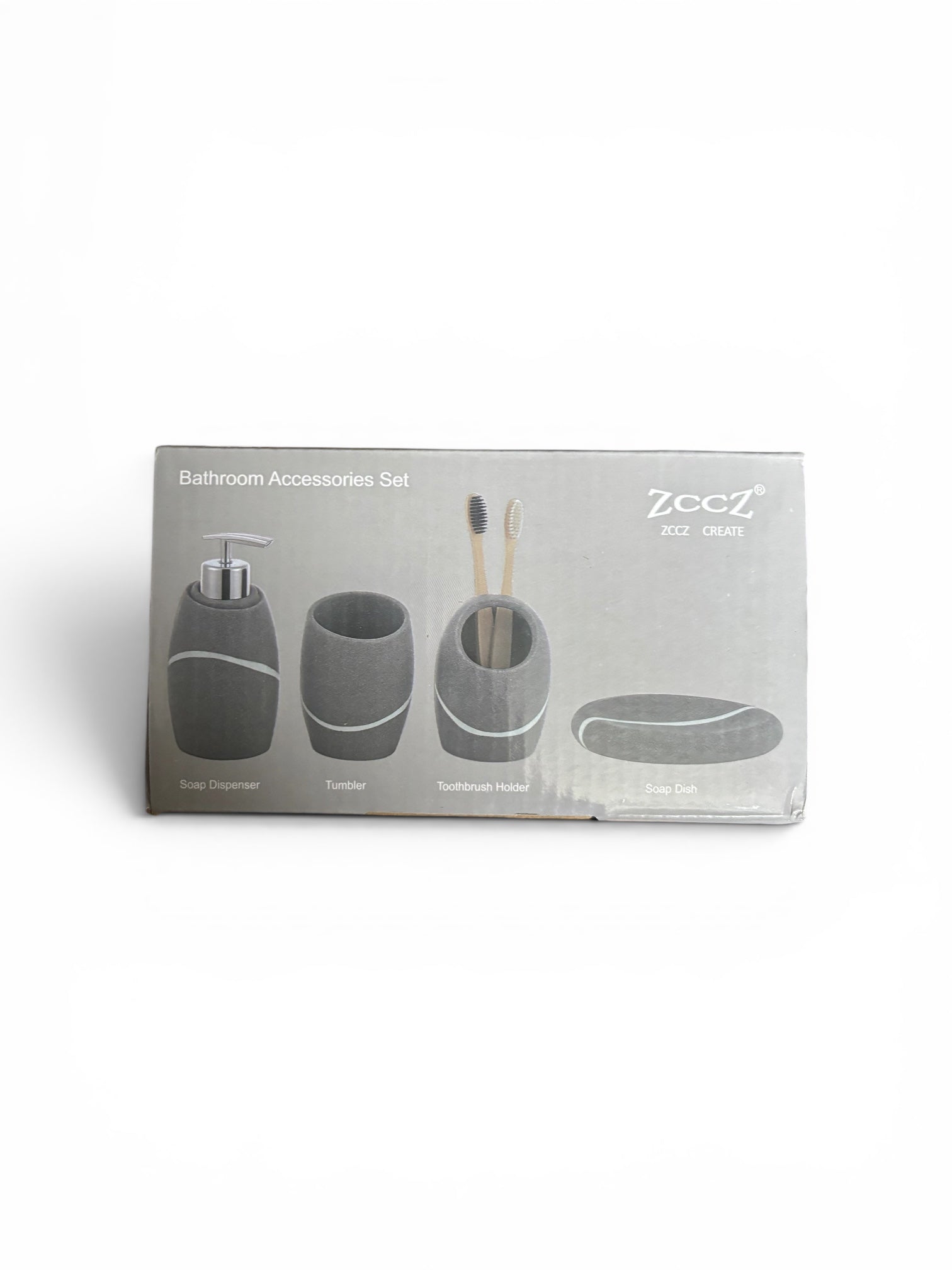 Badezimmer-Set Grau in Steinoptik – Elegantes Bad-Organizer-Set inkl. Seifenspender, Zahnbürstenhalter, Kosmetikschale & Wattestäbchen-Behälter