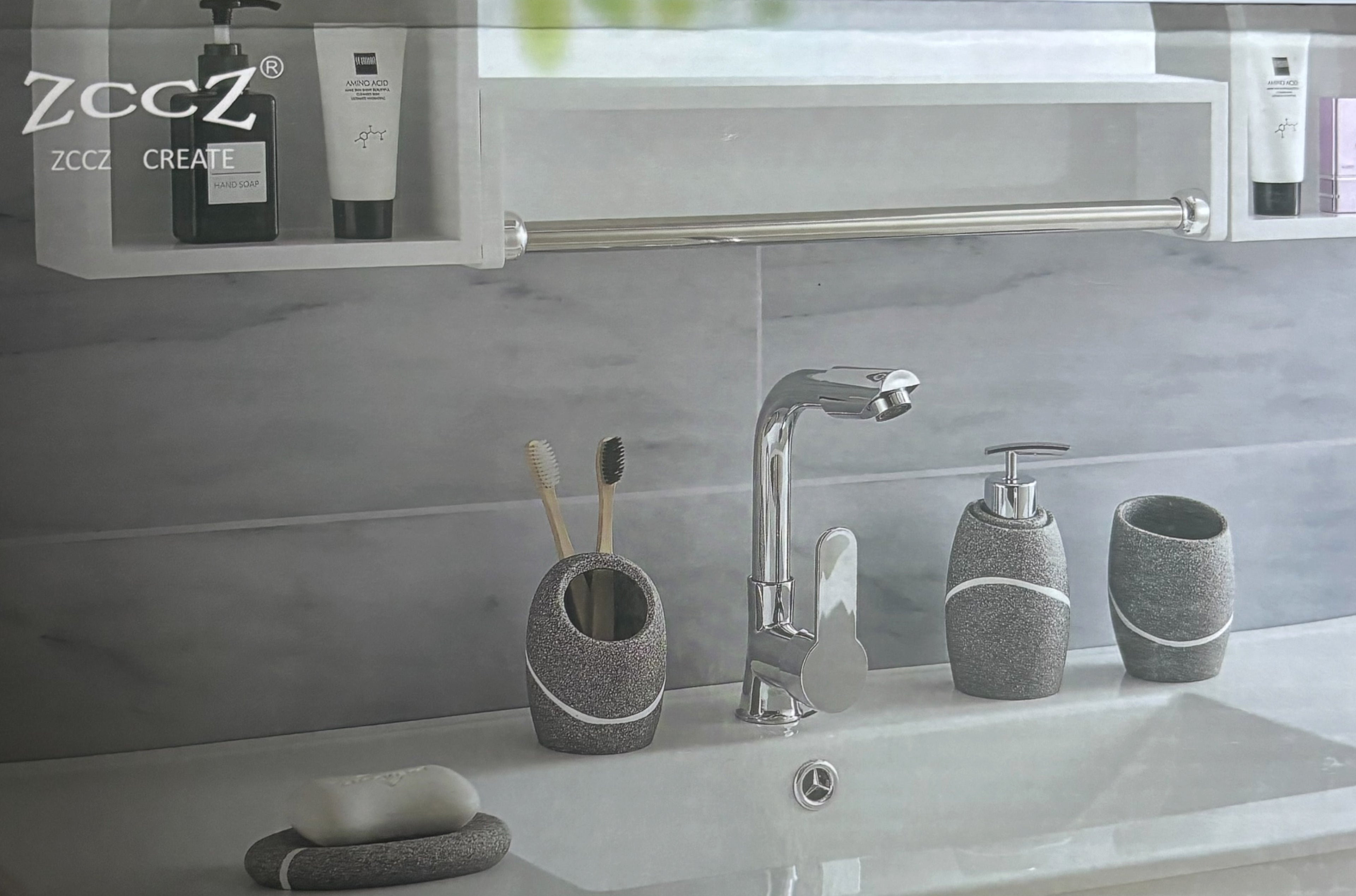 Badezimmer-Set Grau in Steinoptik – Elegantes Bad-Organizer-Set inkl. Seifenspender, Zahnbürstenhalter, Kosmetikschale & Wattestäbchen-Behälter